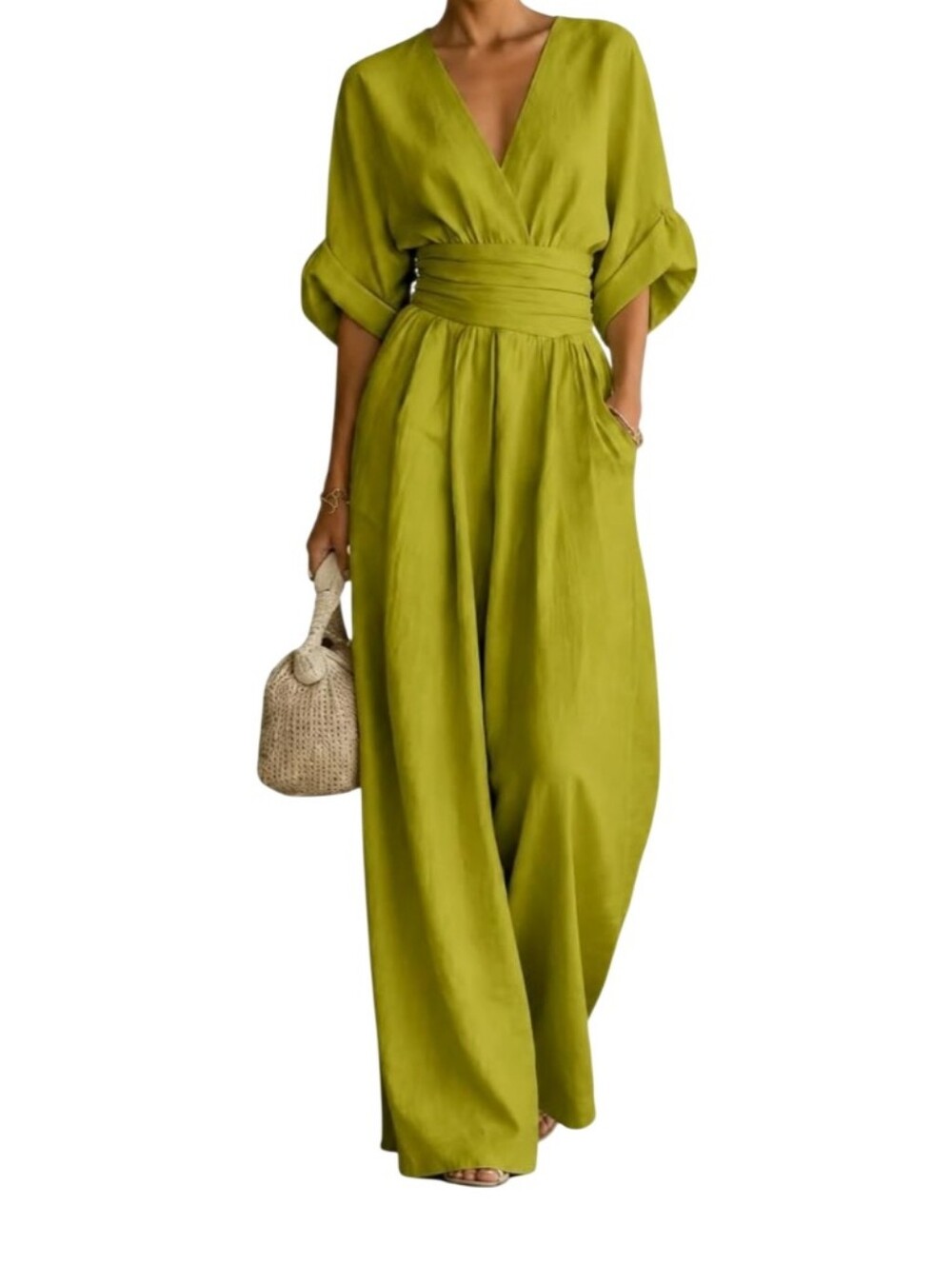 Olive Green V-Neck Wide-Leg Jumpsuit with Waist Tie